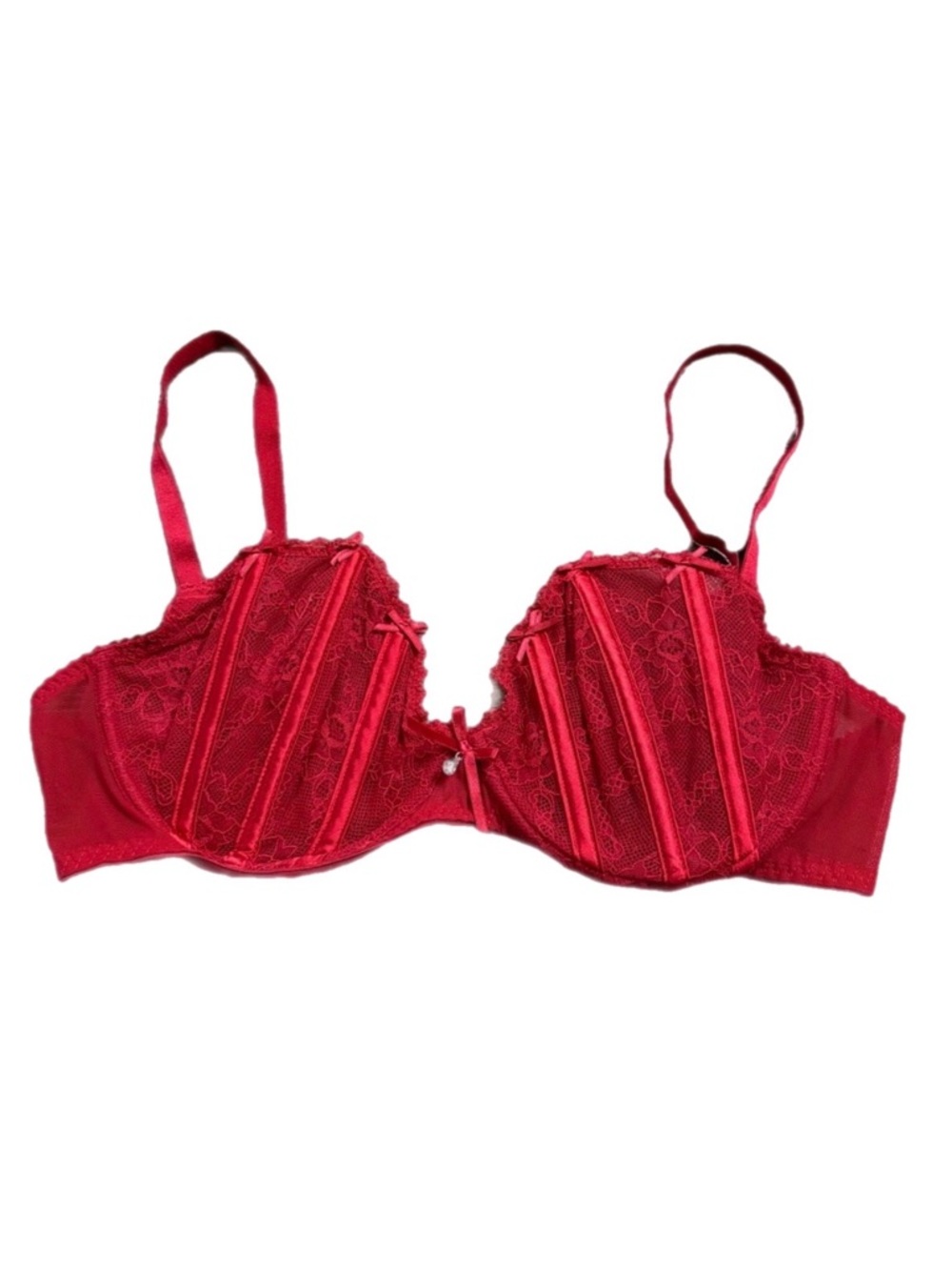 Y2K British Vintage Ann Summers Lace Boned Unlined Bra (Red) Size 38C/36D